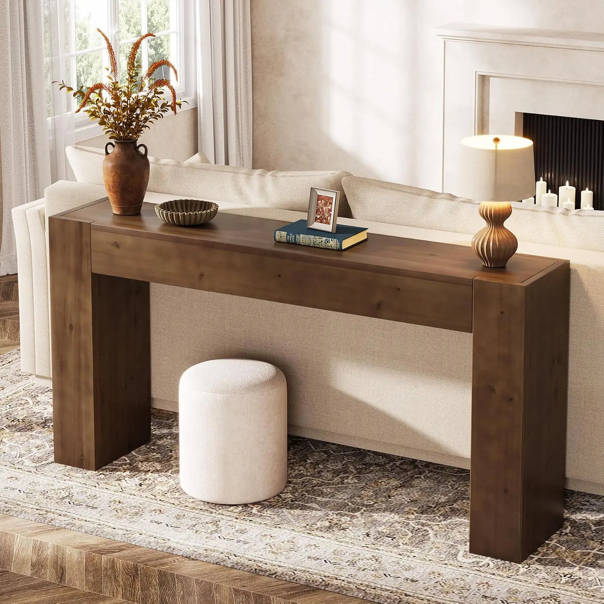 Solid Wood Console Table, 63in Farmhouse Sofa Table for Entryway, Living Room, Easy Assembly, Walnut