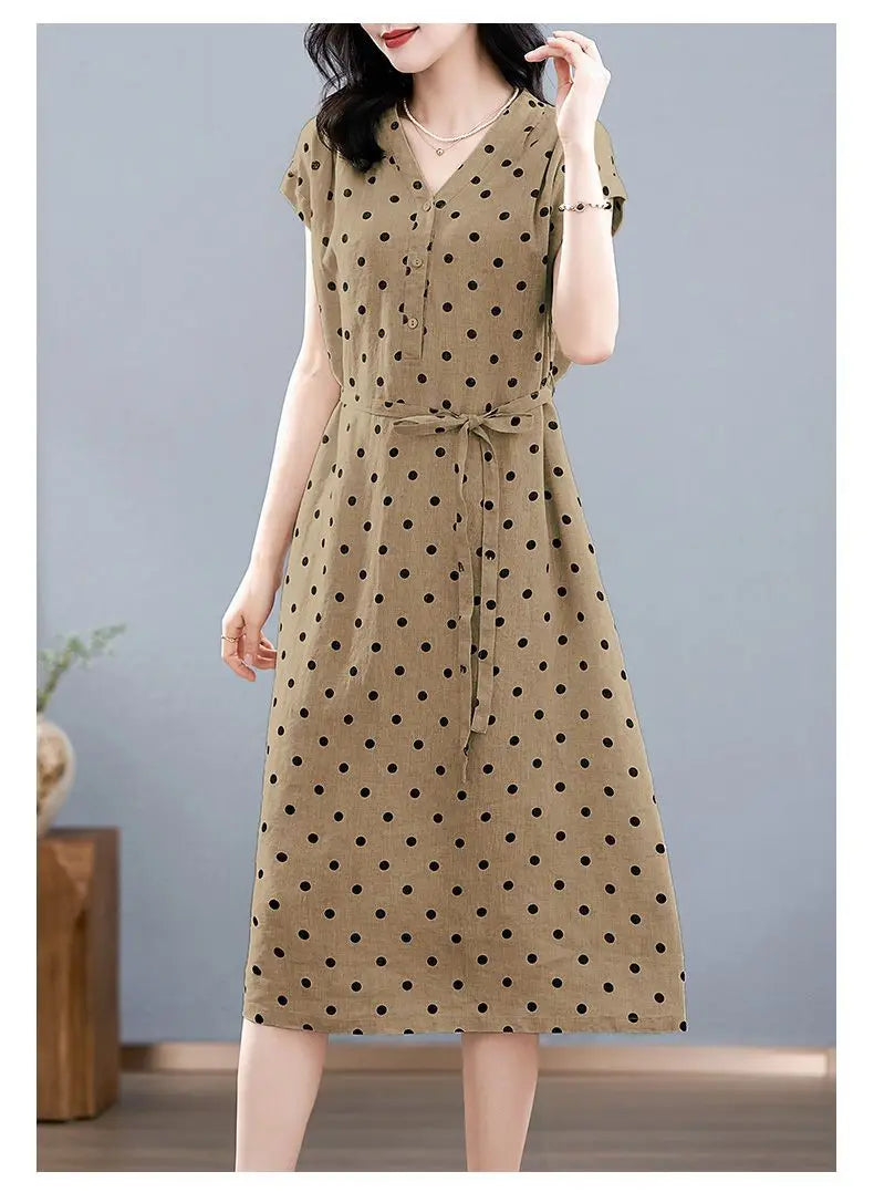 Cotton and Linen Dress French Polka Dot Print Fashion Long Skirt Summer New V-neck Casual Lace-up A-line Skirt