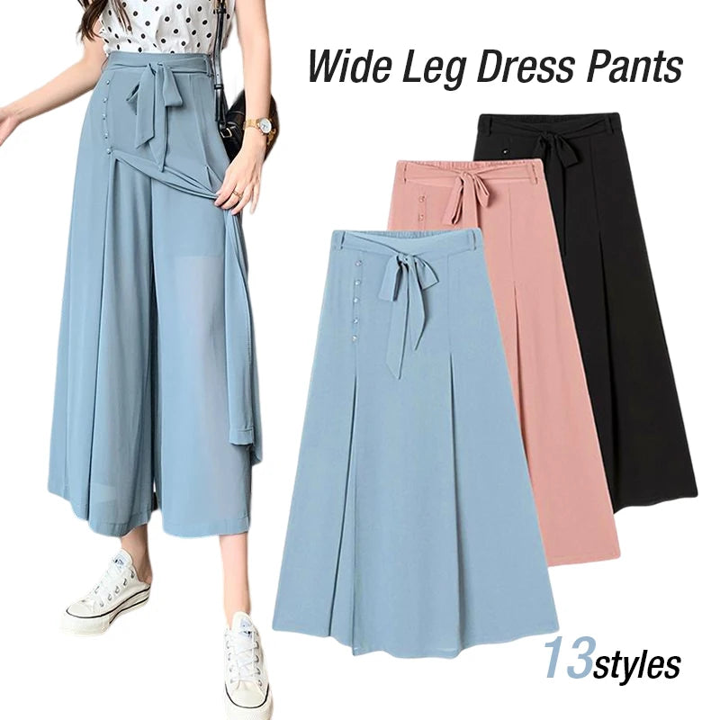 Summer Elastic Pleated Skirt Women Chiffon Trouser Skirt High Waist Casual Wide Leg Pants Fashion Streetwear Pants Pantalones