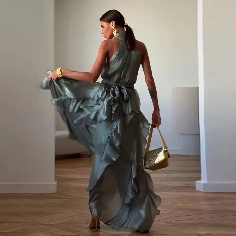 Summer Cascading Ruffles Long Dress Women Sleeveless Lace Up Pleated Female A-line Dresses 2026 Fashion Lady Holiday Robes New