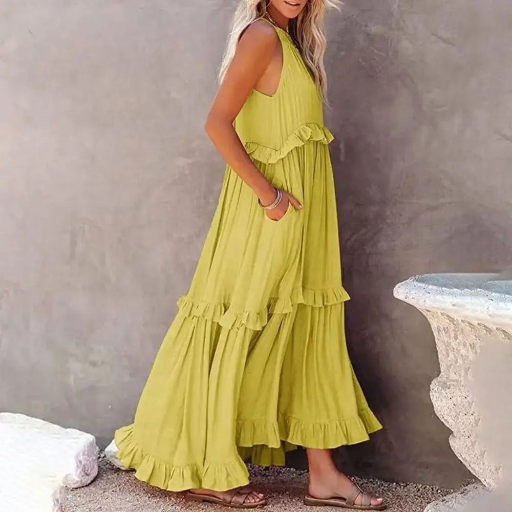 Bohemian Style Women Ruffles Long Dress Sleeveless Solid Color Smocked Halter Maxi Dress Layered design Loose Fit Halter Dress