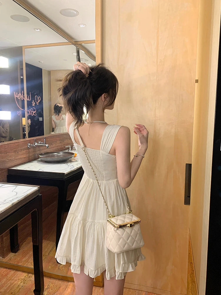 Sweet Style Dopaamine Sleeveless Strap Dress Women's New 2026 Beach Vacation Beautiful Dress High Waist A-Line Korean Style