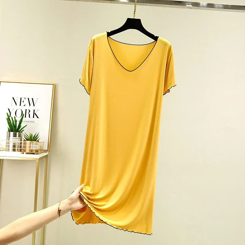 Loose Casual Modal Short Sleeve Dress V-Neck Base Skirt Thin Summer Floral Edge Sleep Dress Versatile Summer Dress