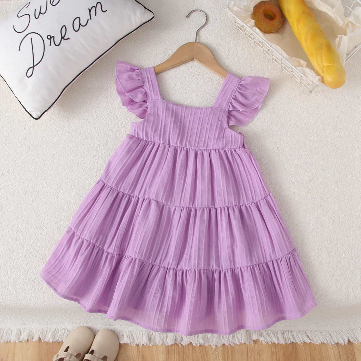 Girls Cake Princess Dress Solid Color Suspender Flying Sleeve Pink Dress Casual Kids Clothes Fashion Summer Wear