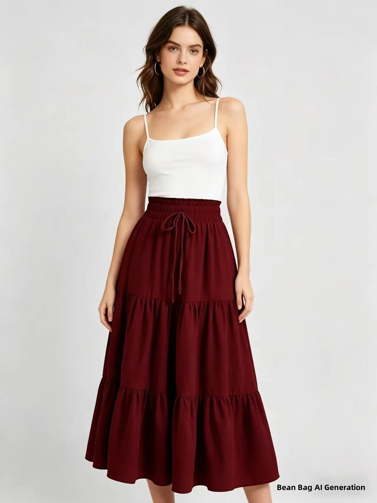 Elegant High Waist A-Line Midi Skirt with Drawstring Pure Color Women's Fashionable Versatile Half-length Skirt for Casual Tr...