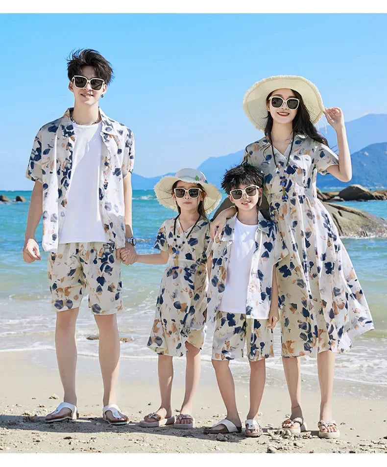 2025 Mom and Daughter Short Sleeve Dress Holiday Summer Family Vacation Look Clothes Dad and Son Shirts Two Piece Outfits Sets