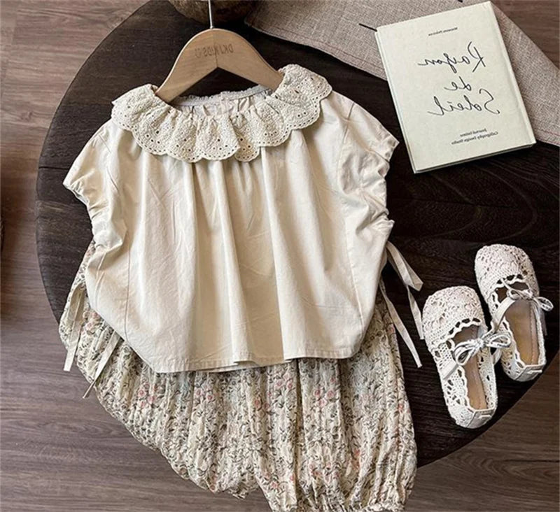 2026 Kids Casual Clothing Suit Children Floral Collar Shirt + Pants 2Pc Outfit Girls Summer Bloomers+Top Set 1-6 Years