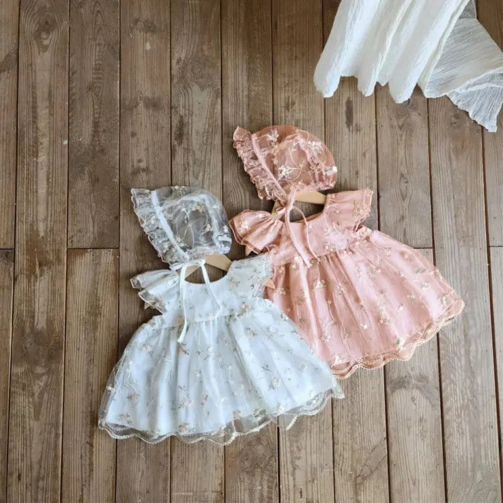 2026 Summer New Baby Girl Short Sleeve Princess Dress Sweet Girls Flower Embroidery Mesh Dress Fashion Children Clothes