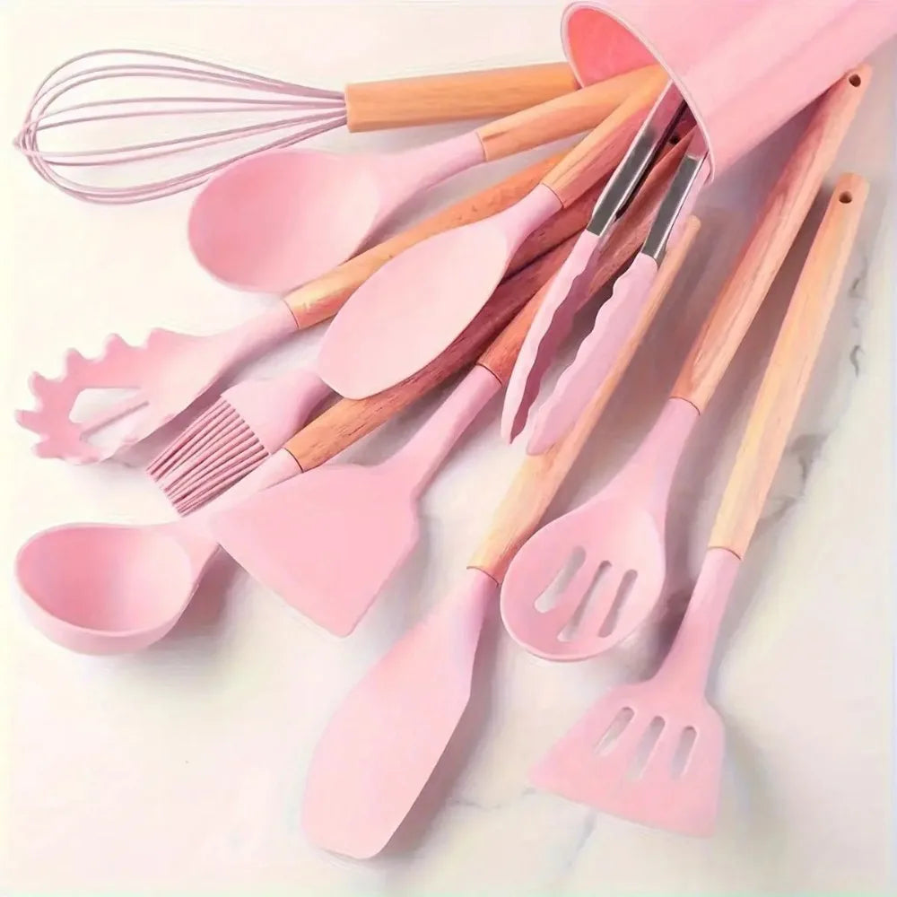 12 Pieces Silicone Kitchen Utensil Set with Storage Holder, Non-Stick Heat Resistant Cooking Utensils with Wooden Handles, BPA Free Dishwasher Safe Kitchen Gadgets for Home Cooking Baking