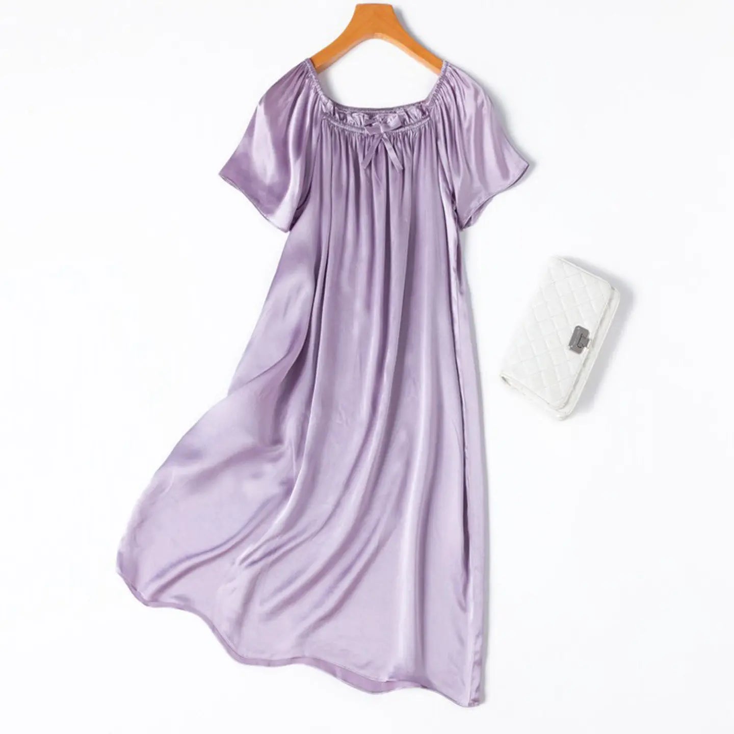 Tcyeek 21MM 100% Mulberry Silk Night Dress for Women Comfortable Sleepwear Women's Home Clothes Thin Purple Sommerkleid Damen