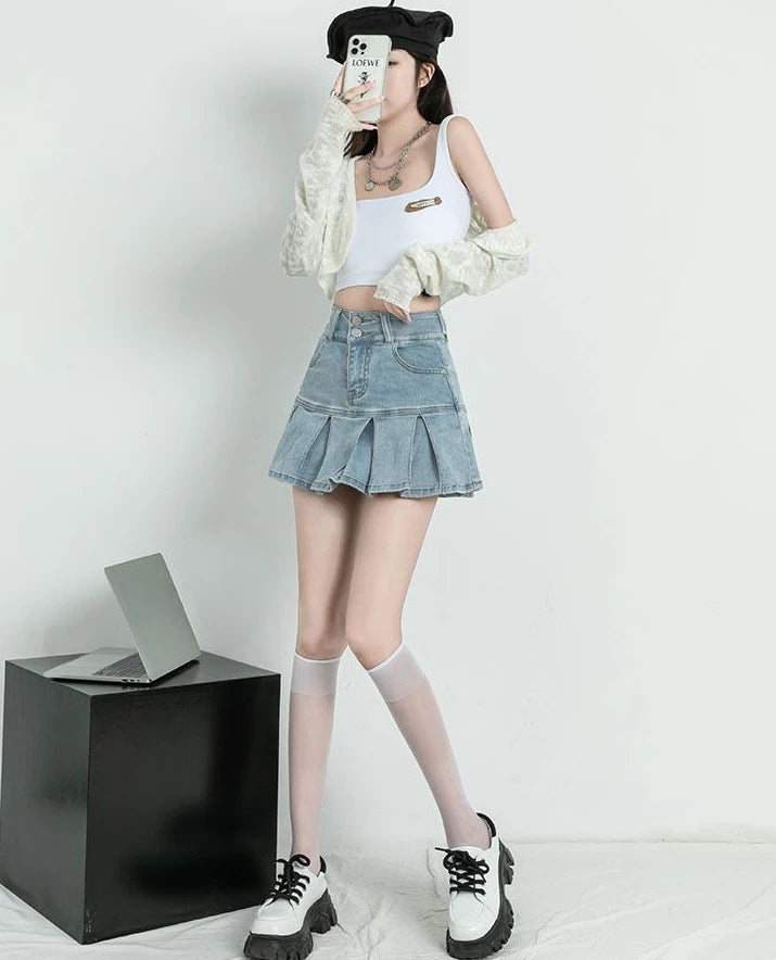 Female Jeans Skirts Ruffle Gyaru Women's Denim Skirt Flare New In Clothing Trend 2025 V Offer Aesthetic Hot Y2k Vintage Casual