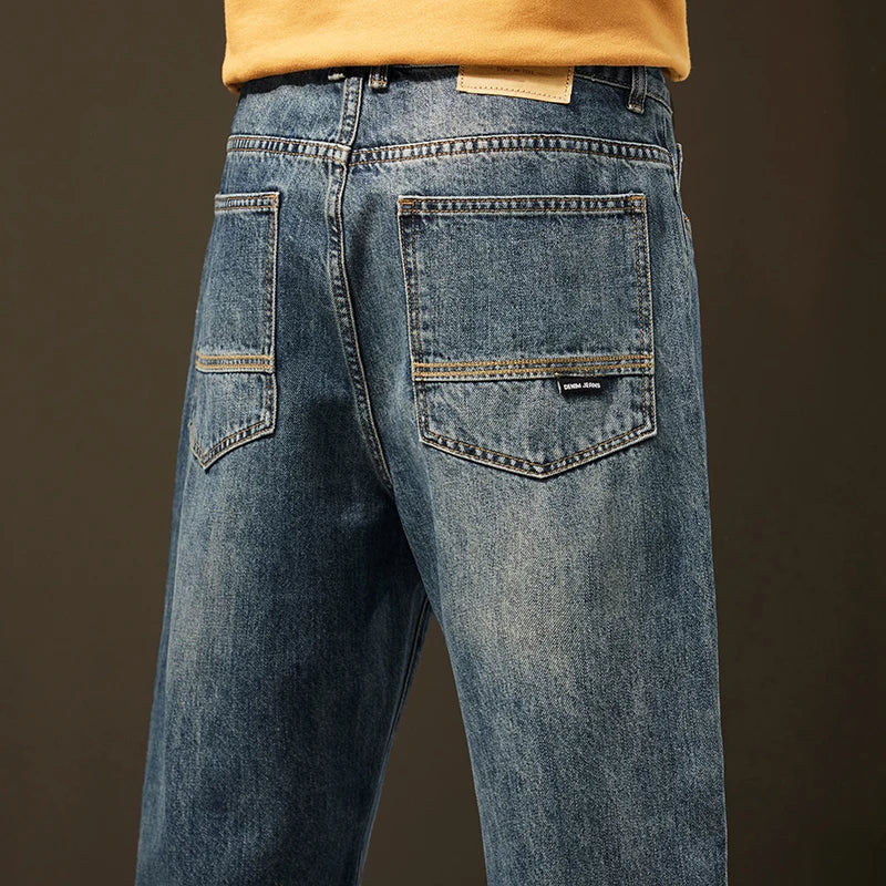 Winter Jeans Warm Fleece Thick Men's Wide Legs Denim Pants Fashion Loose Straight Retro Plush Velvet Casual Trousers Streetwear