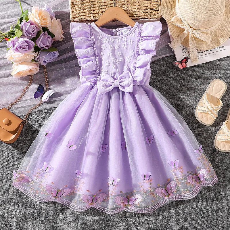2026 New Children Cute Puff Dresses Kids Bow Embellish Butterfly Print Skirt Girls Birthday Party Trend Gown Baby Sweet Clothes