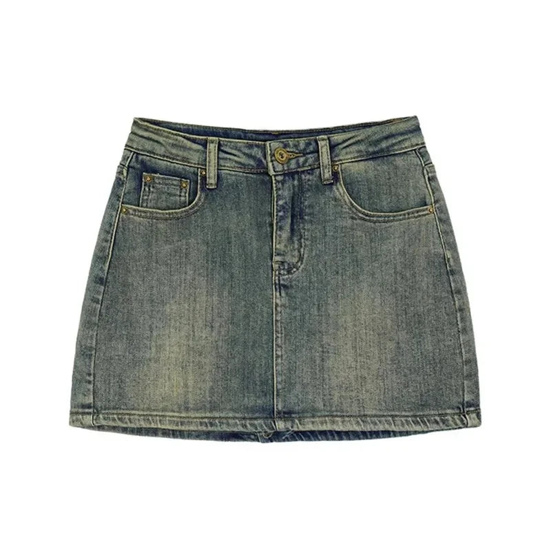 Plus Size Retro Denim Mini Skirt Summer New American Style Hot Girl High Waist Anti-Light Slim A- Line Wrap around Short Skirt