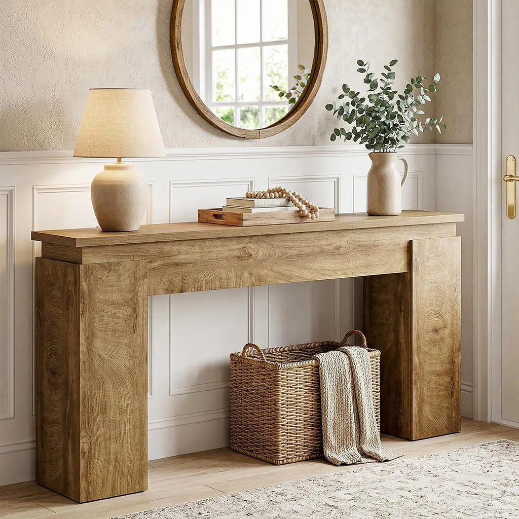 63-Inch Console Sofa Table, Farmhouse Rustic Entryway Table with Open Storage for Living Room & Hallway, Natural Oak, Customized