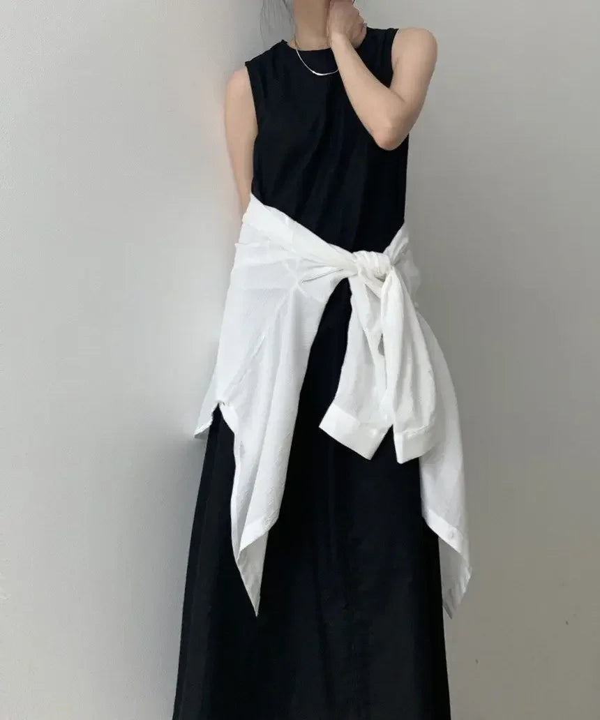 Korean Fashion Women Dress Casual Round Neck Loose Solid Color Casual Big Swing Sleeveless Long Linen Lazy Style Vestidos