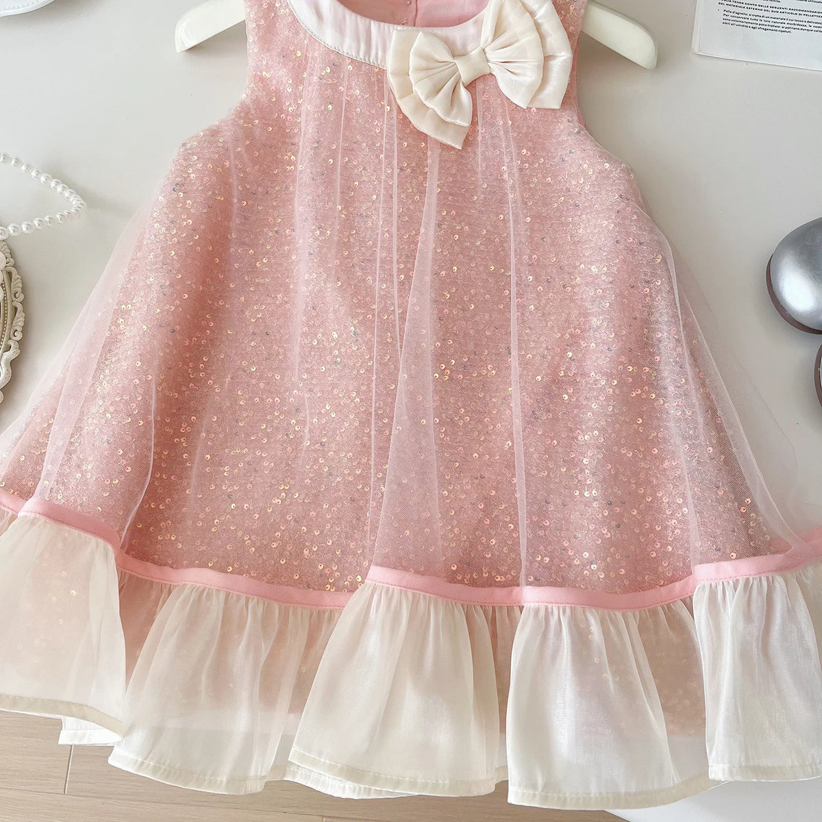 Girls Mesh Party Dress – Sleeveless Bow Detail Gown with Soft Cotton Lining, Special Occasion Outfit Toddler Girl Clothes