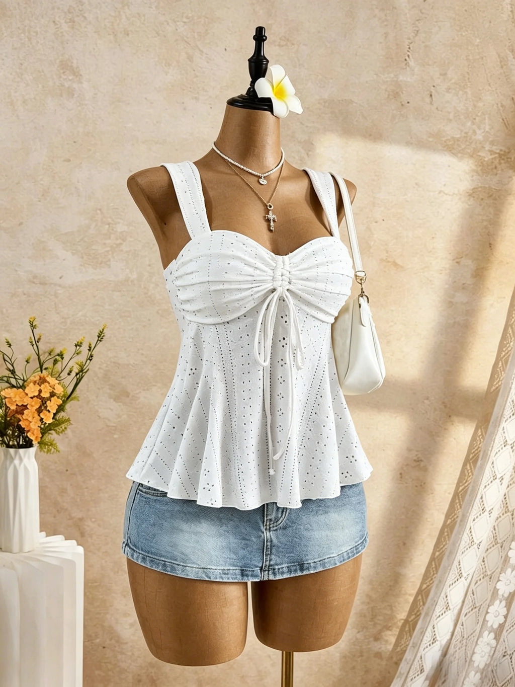 Women White Eyelet Lace Cami Top Casual Ruched Tie Front Peplum Sleeveless Camisole