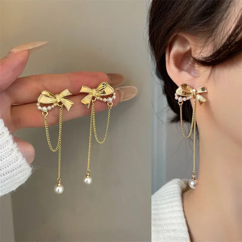 Korean Fashion Style Pearl Long Tassel Clip on Earrings for Women Simple Temperament Long Chain Non-piercing Ears Clip Earrings