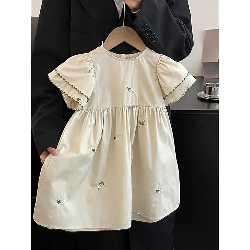 1-6Yrs Summer Girls Dress Baby Clothes Fashion Smocking Stitch Girls Dress Puff Sleeve Floral Cotton Baby Girls Princess Dresses