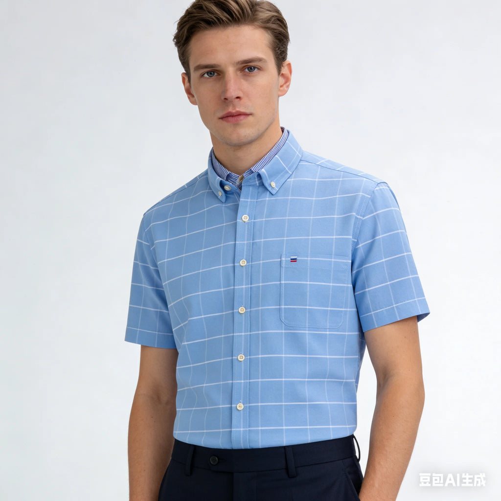 100% Cotton Breathable Men Oxford Short Sleeve Summer Plaid Striped Male Shirt Business Regular Fit Oversized Clothes