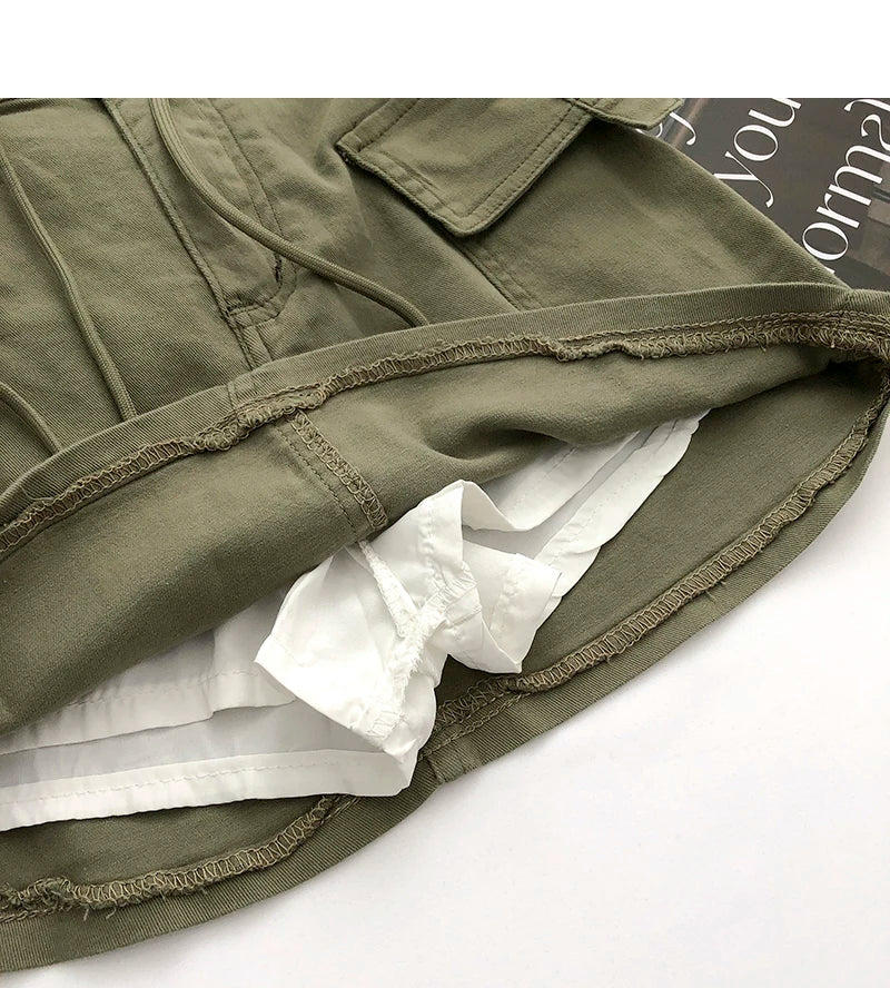 Retro High Waist Denim  Skirt Women's Spring Summer Autumn Casual Drawstring Anti-Light Short Skirt Polyester Fiber