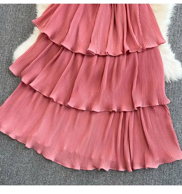 Beach Vaion Vintage Women's V-ne High-waist Cake Dr Ele Aosphere Maxi Skirt Loose Fit ort Sve Ci Commute