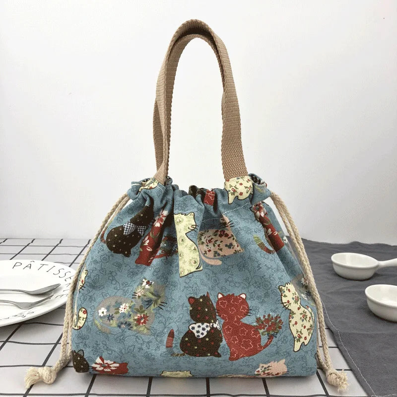 Bolsa de almuerzo de lona con cordón con diseño de anime de dibujos animados japonesa, bolsa plegable para dos fiambreras