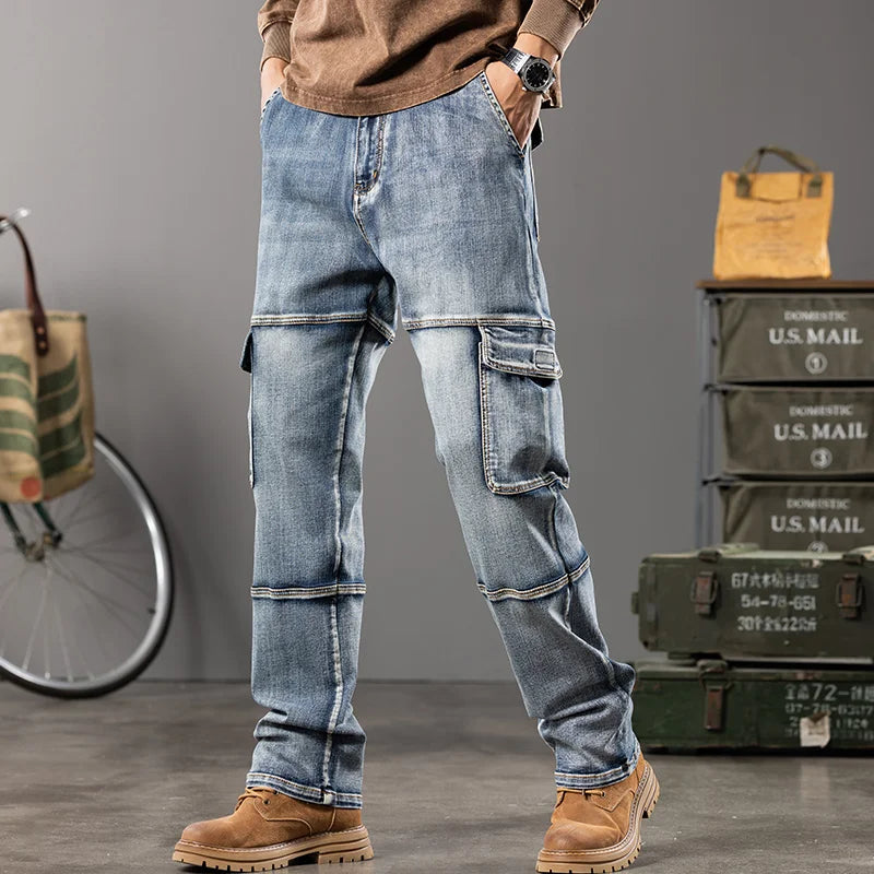 Mens Wide Leg Outdoor Work Jeans With Multi Pocket Design And Straight Fit For Plus Size 42 44 Autumn Winter