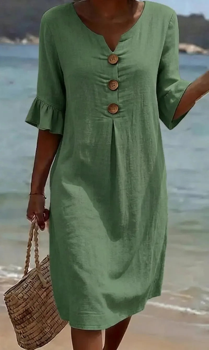 Simple Casual Women's Solid Color Midi Dress V Neck Button 3/4 Sleeve Loose 2026 New Summer Beach Vacation Dresses With Pockets