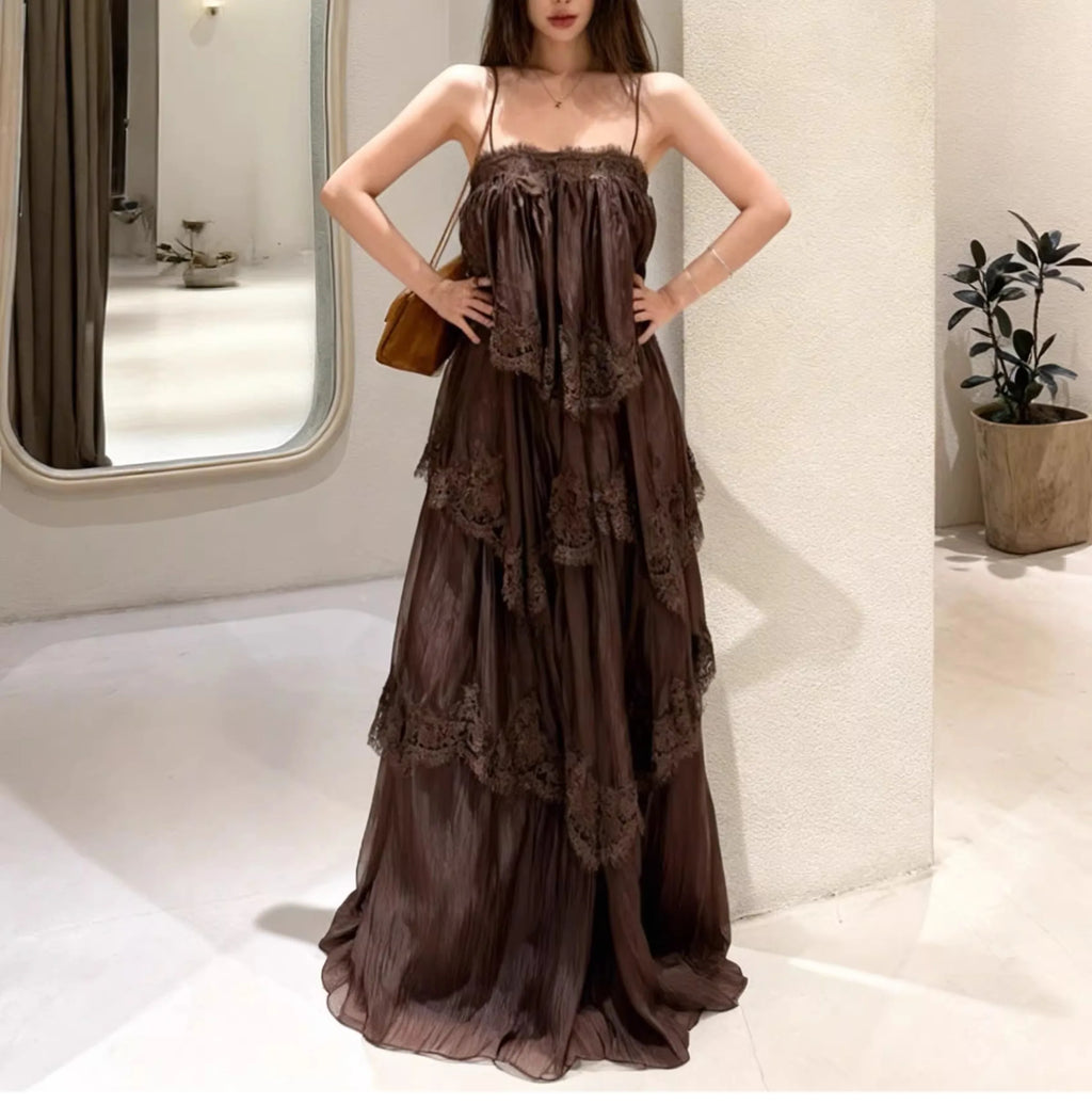 Exclusive Color Dyeing Heavy Work Multi-Layer Skirt Long Dress Women's Commute Style Sleeveless Outdoor Casual Polyester Fiber