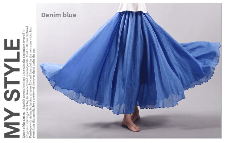 New In 2026 Spring Summer Woman Cotton Linen Midi Skirt Solid Color Loose Flared Pleated A-line Skirt Female Sweet Elegant Skirt