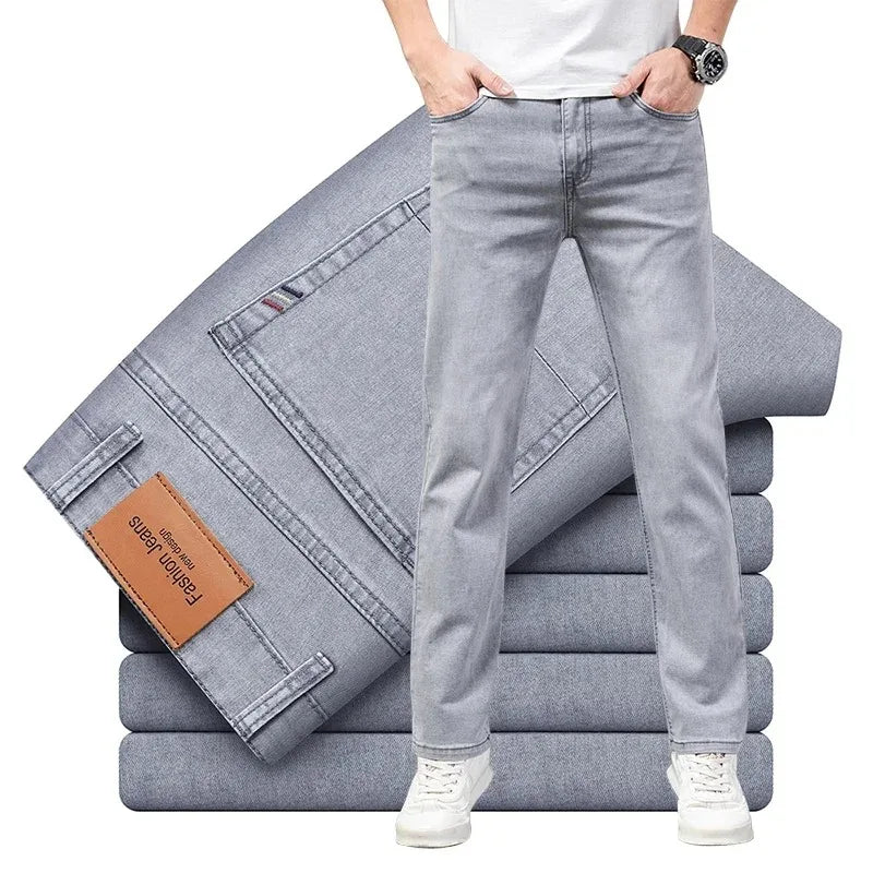 Summer Elastic Men'S Jeans Fashion Gray Comfortable Business Straight Stretch Cotton Casual Denim Pants Brand Male Thin Trousers