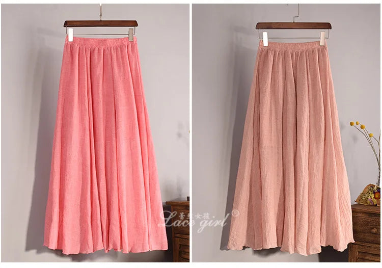 2025 Summer Women All-match Long Skirt Mid-calf Casual Linen Elastic Waistband One Size Expansion Hemline Lined Female Skirts