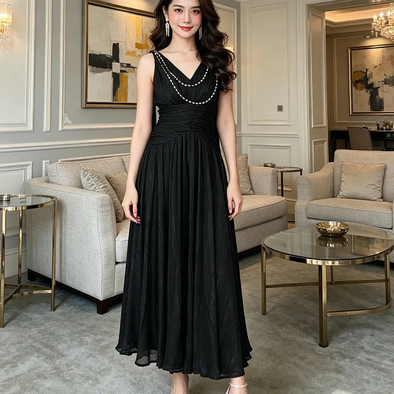 2026 Summer French Elegant Temperament Socialite V-neck Bead Chain Sleeveless High Waist A-line Banquet Evening Long Dress Women