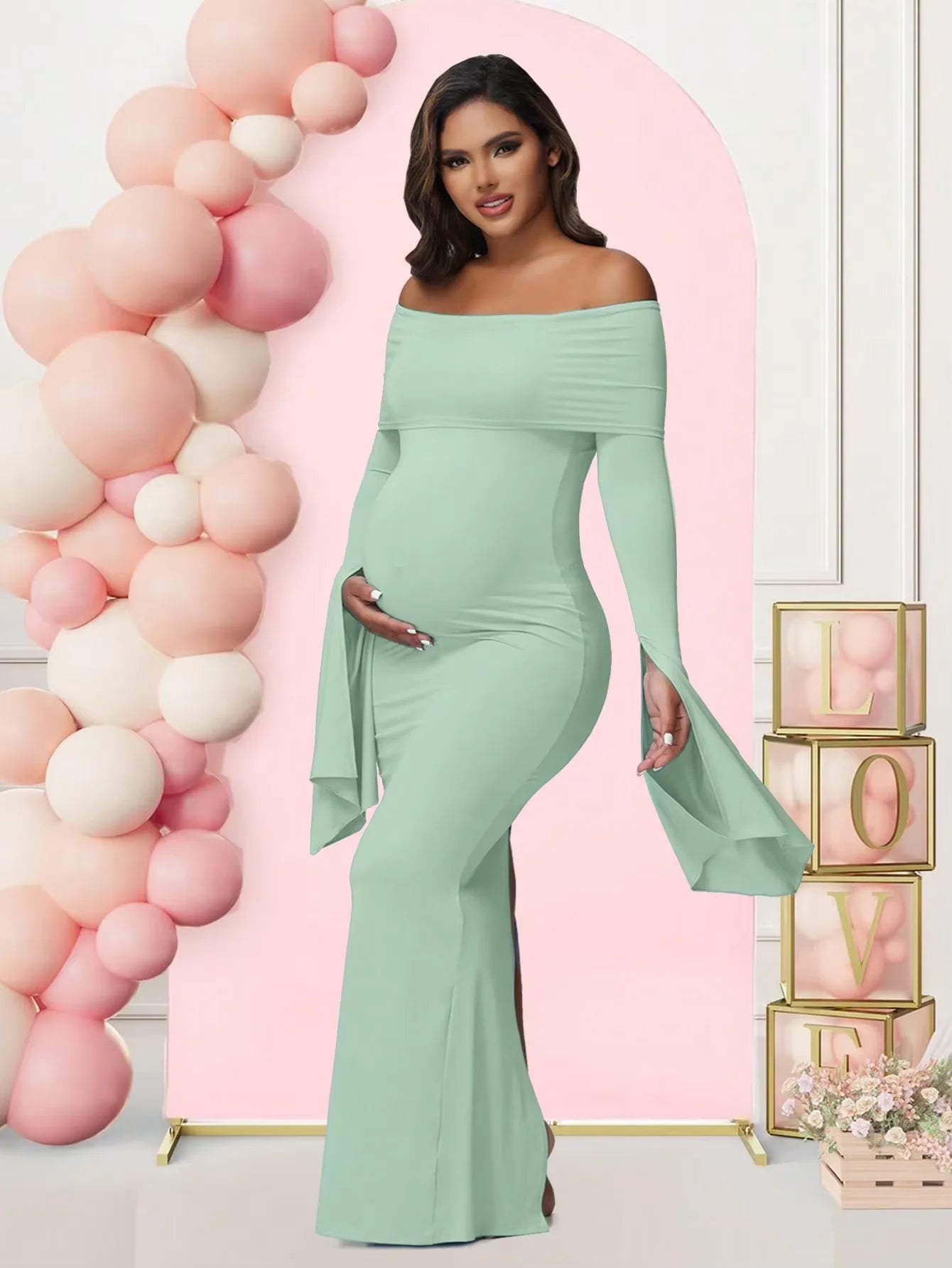 Off - Shoulder Bodycon Maternity Maxi Gown | Baby Shower Photoshoot