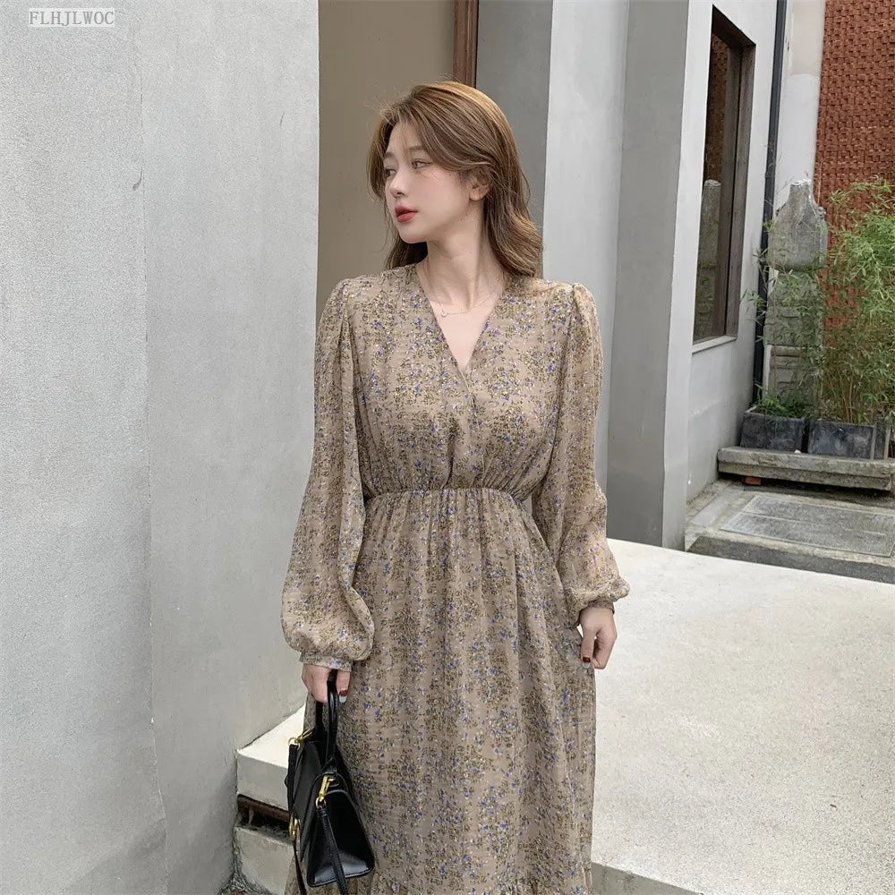 Chic Korean Clothes Design 2022 Autumn Spring Womens V Neck Elegant Lady Floral Printed Retro Vintage Long Maxi Dress