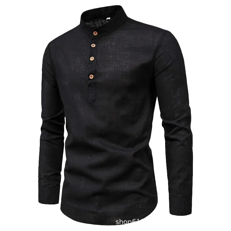 Men's Solid Color Casual Slim Fit Stand Collar Long Sleeve Shirt