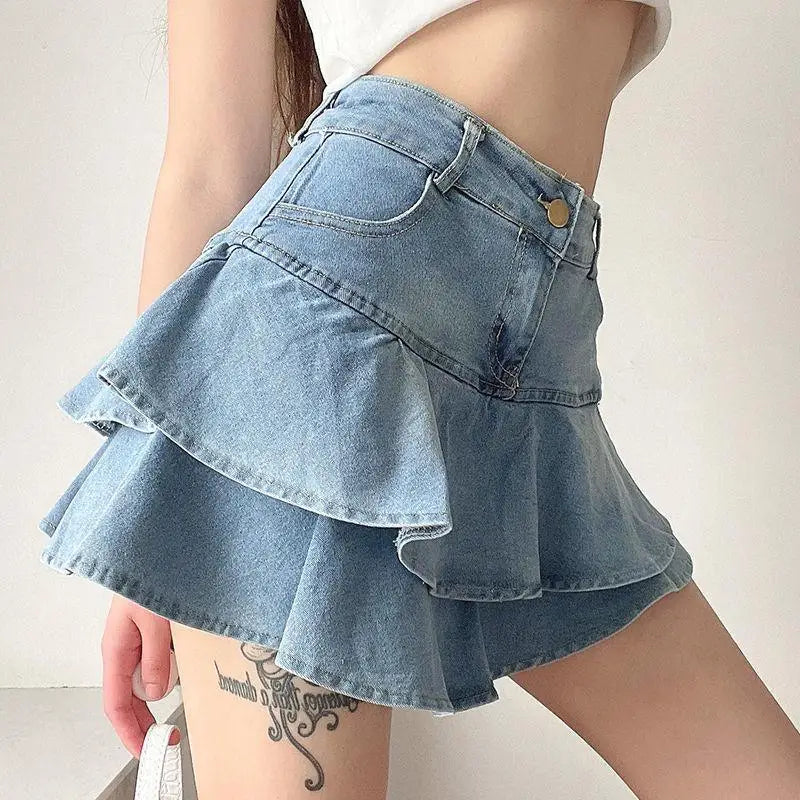 Y2K Vintage Denim Skirt Women Summer Fashion High Waist A-Line Wash Blue Slim Sexy Hot Girl Mini Jeans Ruffle Short Skirt Female