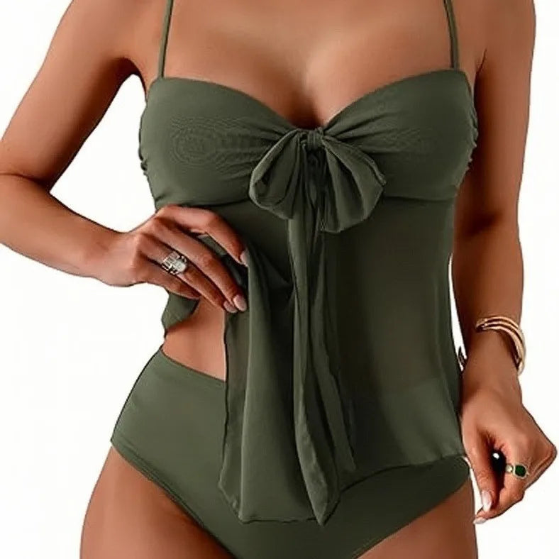 Women Solid Front Bow Chiffon Bikinis Set 2 Piece Tankini Swimsuit Strapless Bandeau Spaghetti Strap High Cut Beach Swimwear