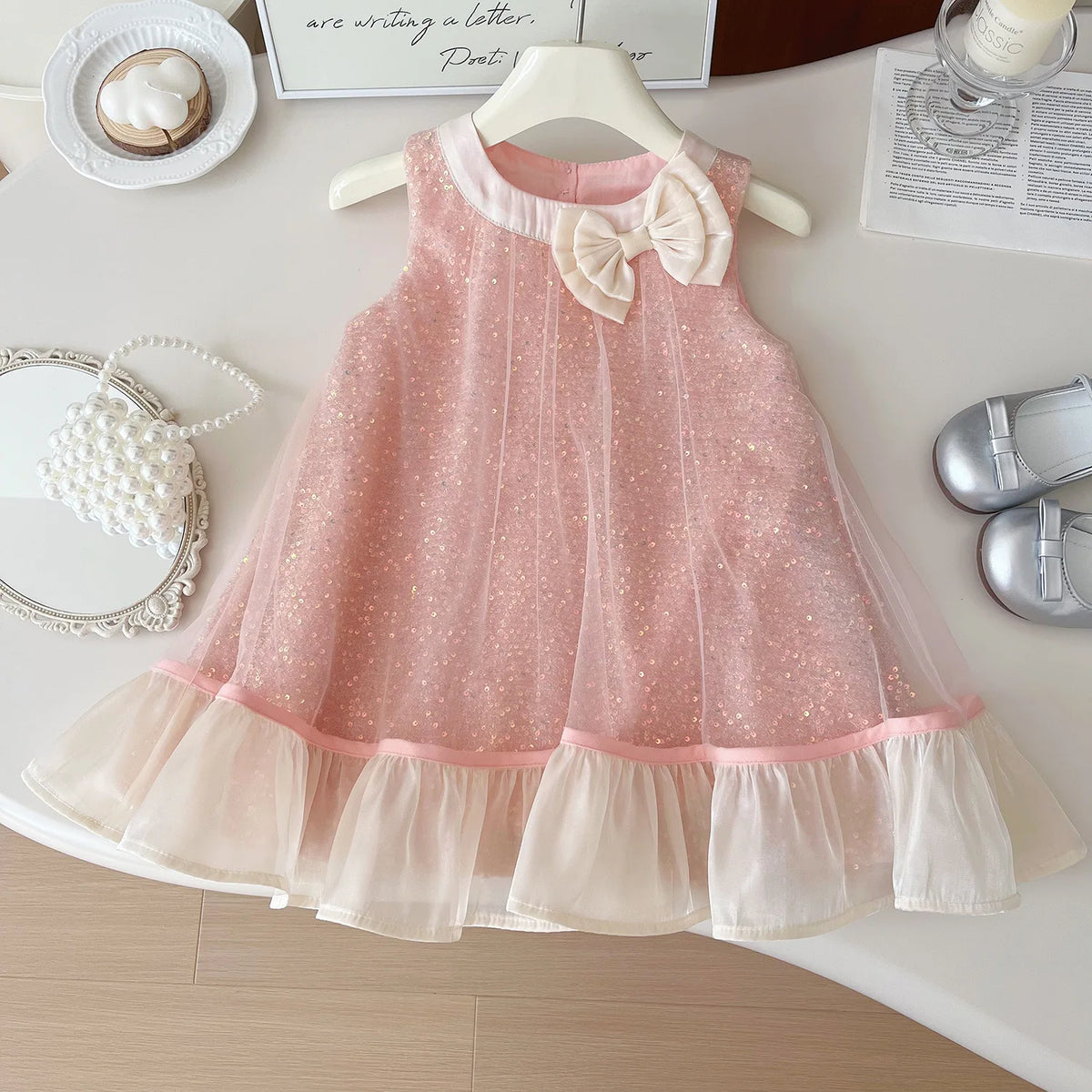 Girls Mesh Party Dress – Sleeveless Bow Detail Gown with Soft Cotton Lining, Special Occasion Outfit Toddler Girl Clothes