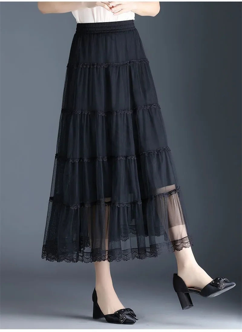 Pop Pop Long Tulle Skirt Women 2024 Spring Summer Elastic High Waist A-Line Mesh Pleated Puffy Skirt Female Elegant Lace Midi Sk