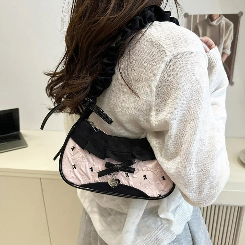 Fashion Grid Women Bag Lace Ribbon Stretchable Shoulder Strap Single Shoulder Underarm Bag Daily Commuting Student Handbag