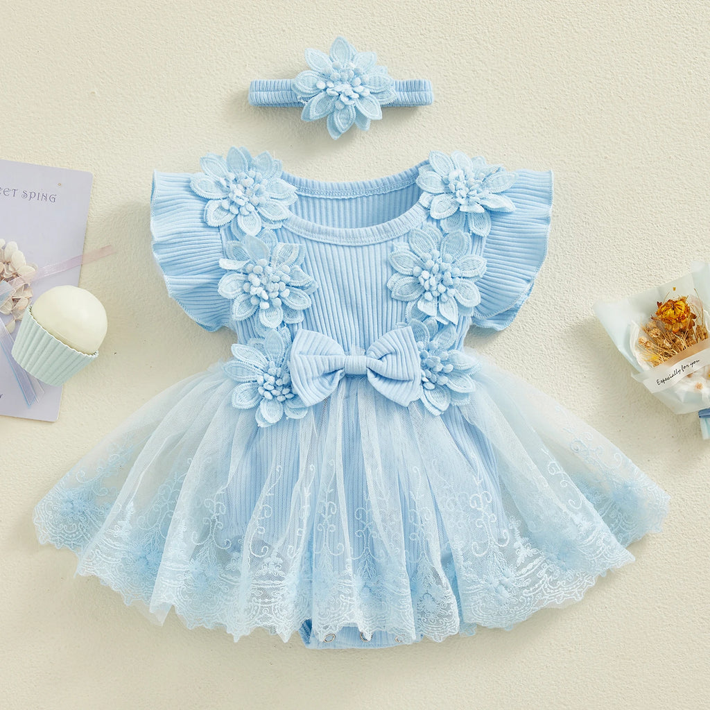 3D Flower Summer Baby Girls Romper Princess Mesh Newborn Clothes Lace Patchwork Ruffle Bodysuit Dress Headband Kids Clothing