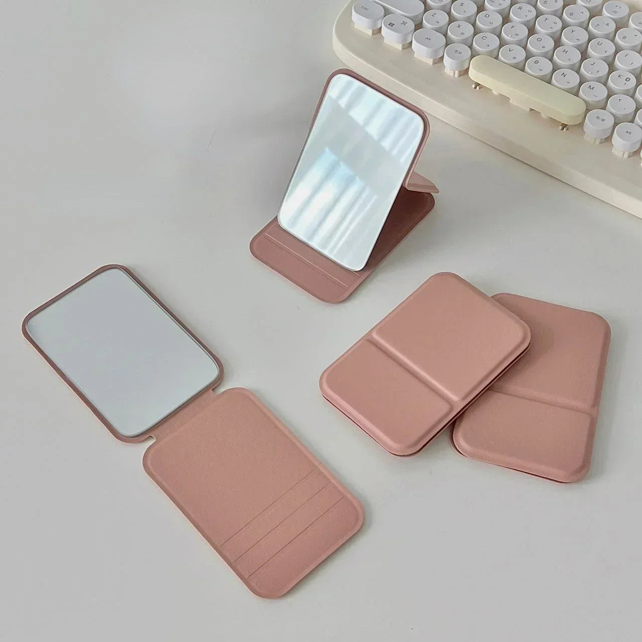 Desktop Makeup Mirror Foldable Portable PU Leather Compact For Students With Cute Solid Color