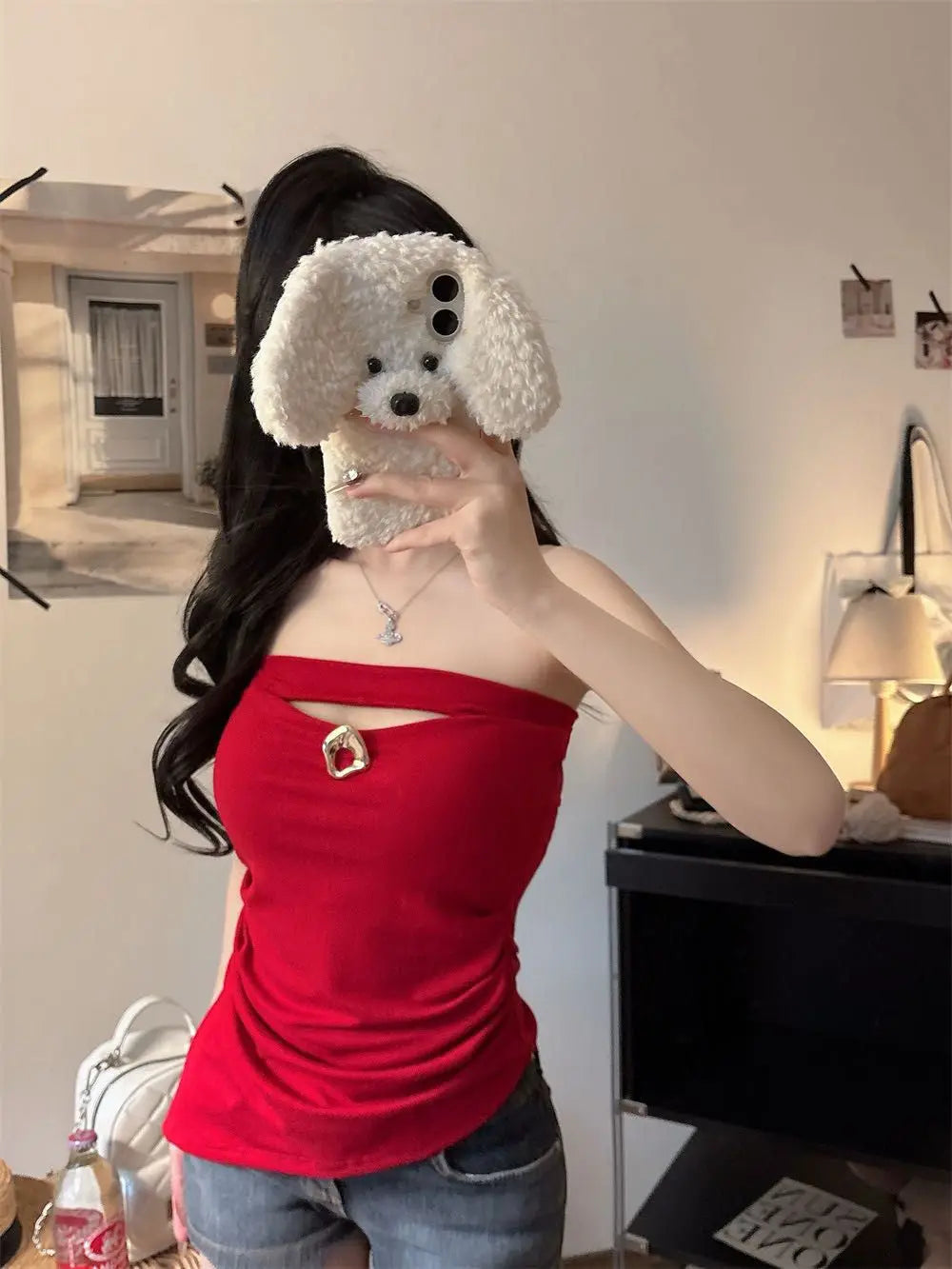 Sexy Slimming Red One-Shoulder Tube Top Women's Summer Fitted Hollow out Chest Pad Korean Style Thin T-Shirt Vest