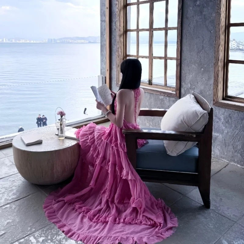 Beach Vacation Pure Desire Style Women's Long Fairy Skirt Off-Shoulder Gown V-Neck Sleeveless High Waist Midi Dress
