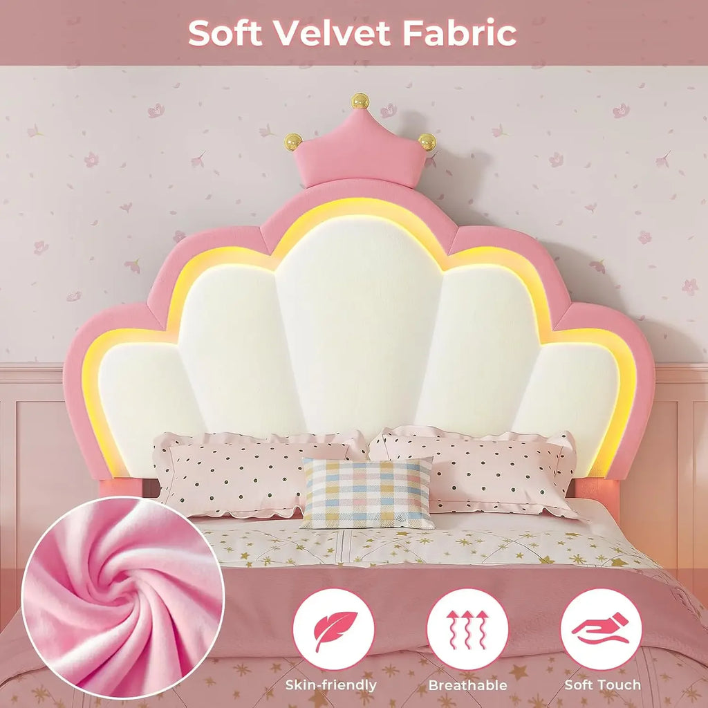 Twin Size Bed Frame with LED Lights, Girls Twin Bed with Princess Crown, LED Velvet Upholstered Platform Bed Frame