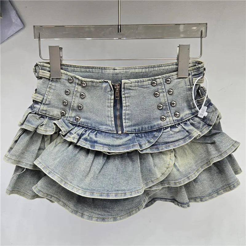 DEAT Women's Denim Skirts Rivet Design A-line High Waist Zipper Ruffles Hem Mini Short Skirt Summer 2026 New Fashion 29A6725