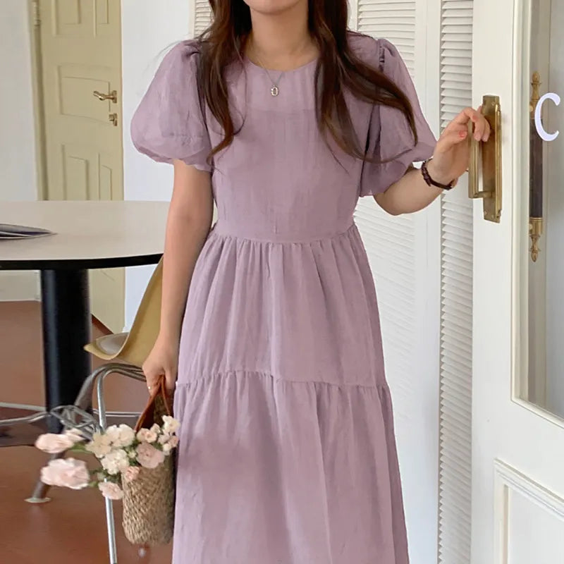 2026 Korean Summer Soft Round Neck Dress Women New Solid Color Loose Casual Dresses Female Mid-length A-line Vestidos E547